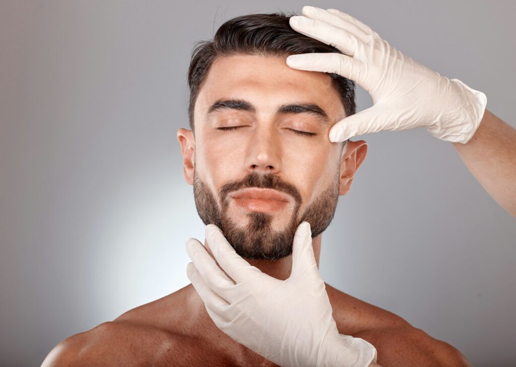 Plastic surgery, cosmetics and man with doctor hands in studio mockup for botox, aesthetic or facia