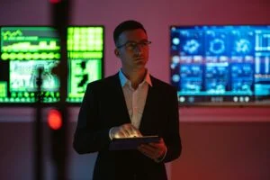 Businessman standing with security data screen behind