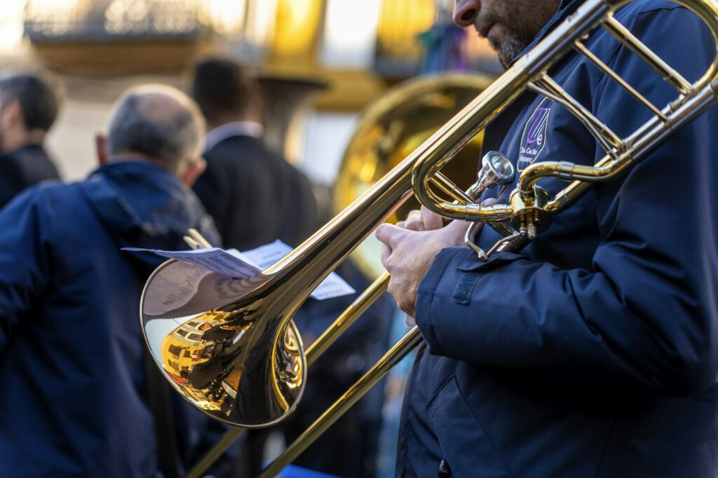 Wind instrument music band making music on the street.